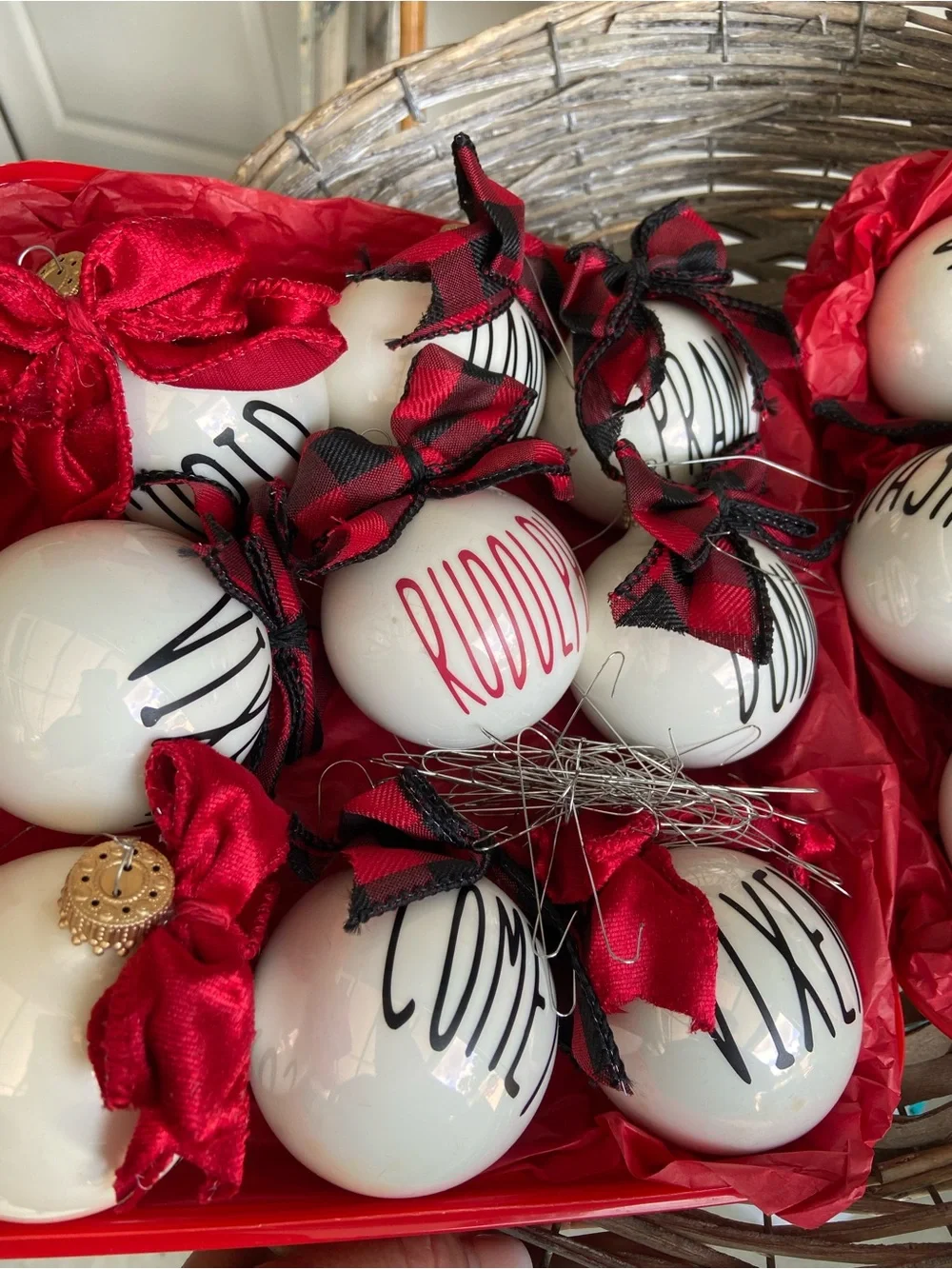 Rae Dunn White Ceramic Ornaments with Red Ribbon Accents Set of 18